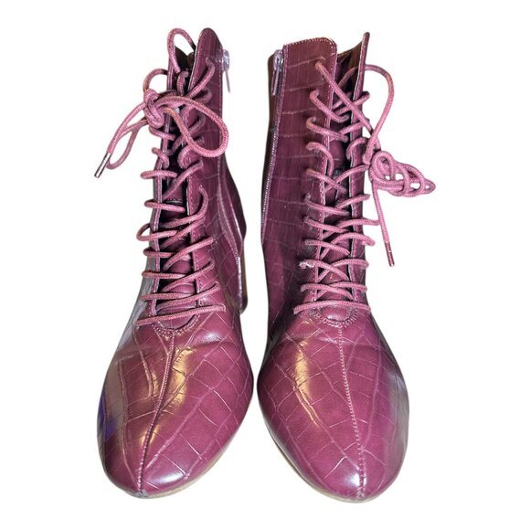 XOXO Shoes - XOXO Women’s Burgundy Victorian Lace-Up Booties‎ Size 9 Croc Embossed